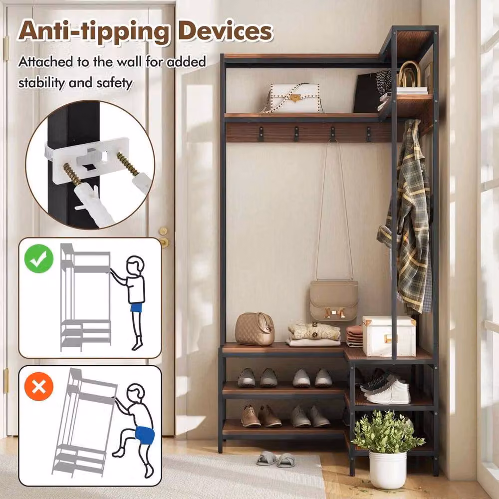 VOGREX Walnut L-Shaped Metal Clothes Rail with 7 Hooks in Brown and Black – 5