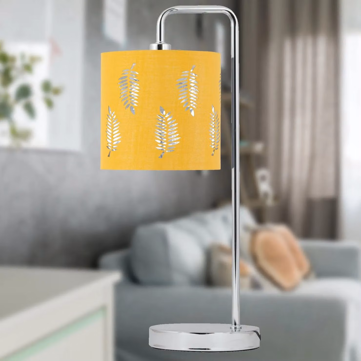 First Choice Lighting Chrome Arched Table Lamp with Ochre Fern Cut Out Fabric Shade in Silver – 2