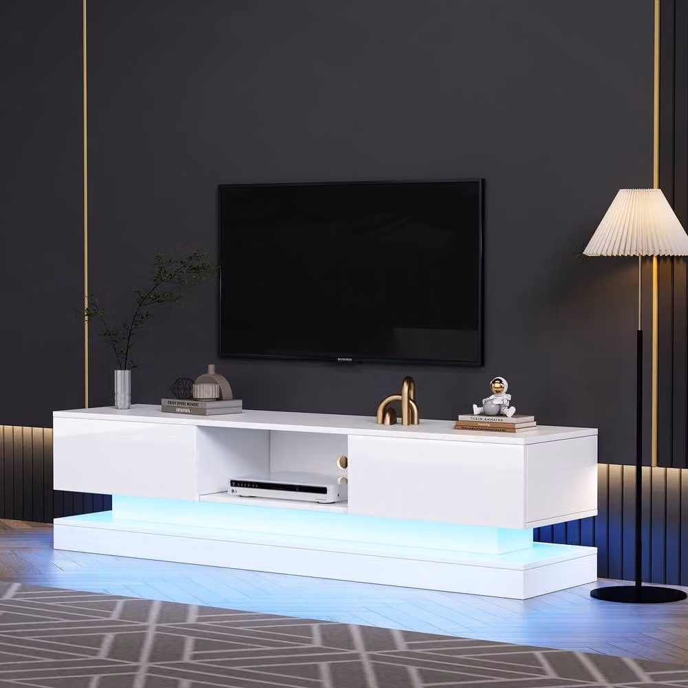 BTM White Glossy TV Stand with RGB LED, 2 Drawers and Shelf, W: 160 cm, D: 40.5 cm, H: 35.8 cm – 2
