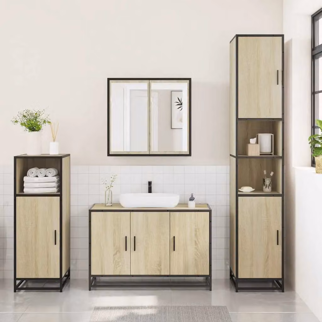 Berkfield Home 3 Piece Industrial Bathroom Furniture Set in Sonoma Oak Brown, including Vanity Unit, Mirror Cabinet and Wall Cabinet – 2