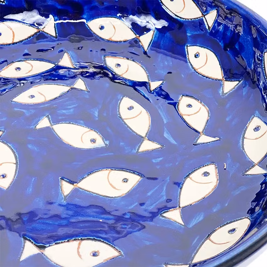 Verano Spanish Ceramics Signature Blue and White Hand Painted Fish Pattern Ceramic Pasta Bowl, Diameter: 23 cm – 3