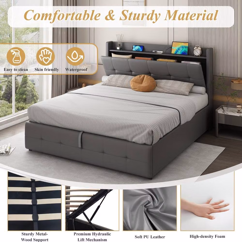 BTM Grey Ottoman Bed Frame with USB Charging Port, Integrated Reading Light and Under-Bed LED Lighting, W/D/H: 140 x 200 cm – 3