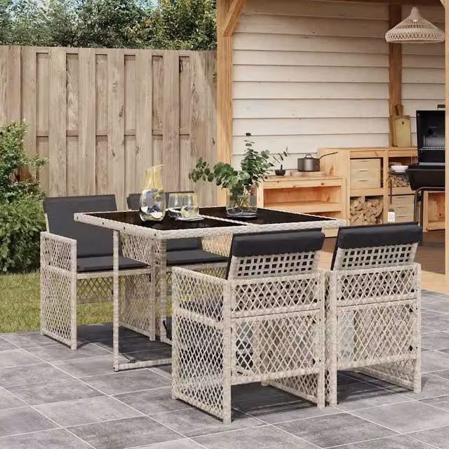 Berkfield Home 5 Piece Garden Dining Set with Light Grey Poly Rattan and Cushions – 1