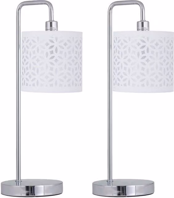 First Choice Lighting Set of 2 Chrome Arched Table Lamps with White Fabric Shades