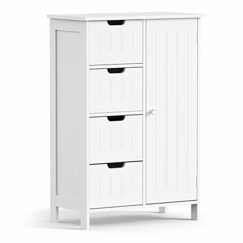VonHaus Holbrook White Freestanding Bathroom Storage Cabinet with 4 Drawers and Adjustable Shelf – 1