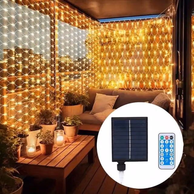 FLAVORA Solar LED Multicolour Warm White Mesh Curtain Fairy String Lights with Timer