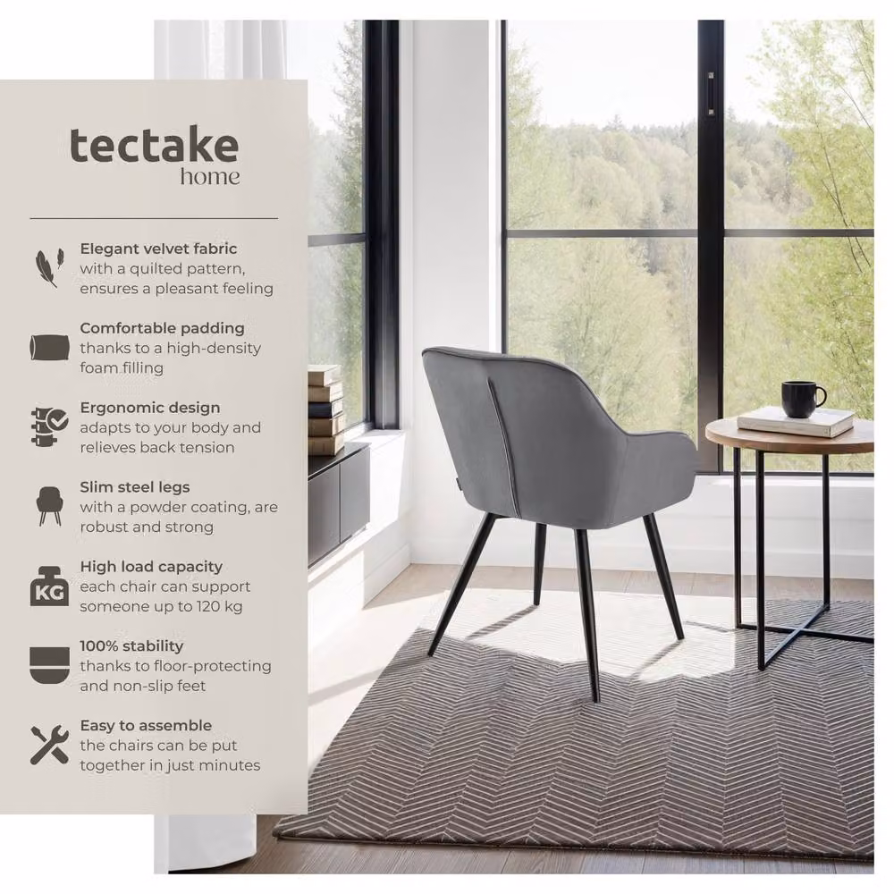 tectake Marilyn Set of 4 Modern Dining Chairs in Grey and Black Velvet Fabric with Metal Frame – 2