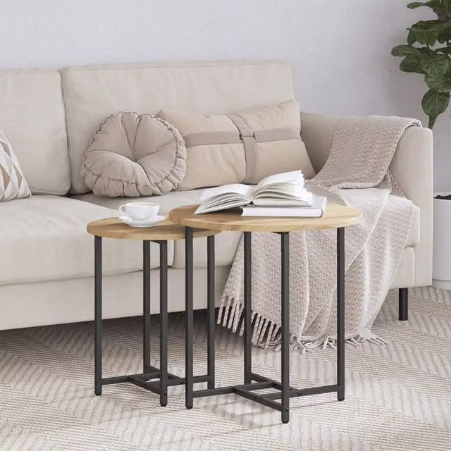 Berkfield Home Set of 2 Round Nesting Side Tables in Brown Oak Wood and Metal – 1