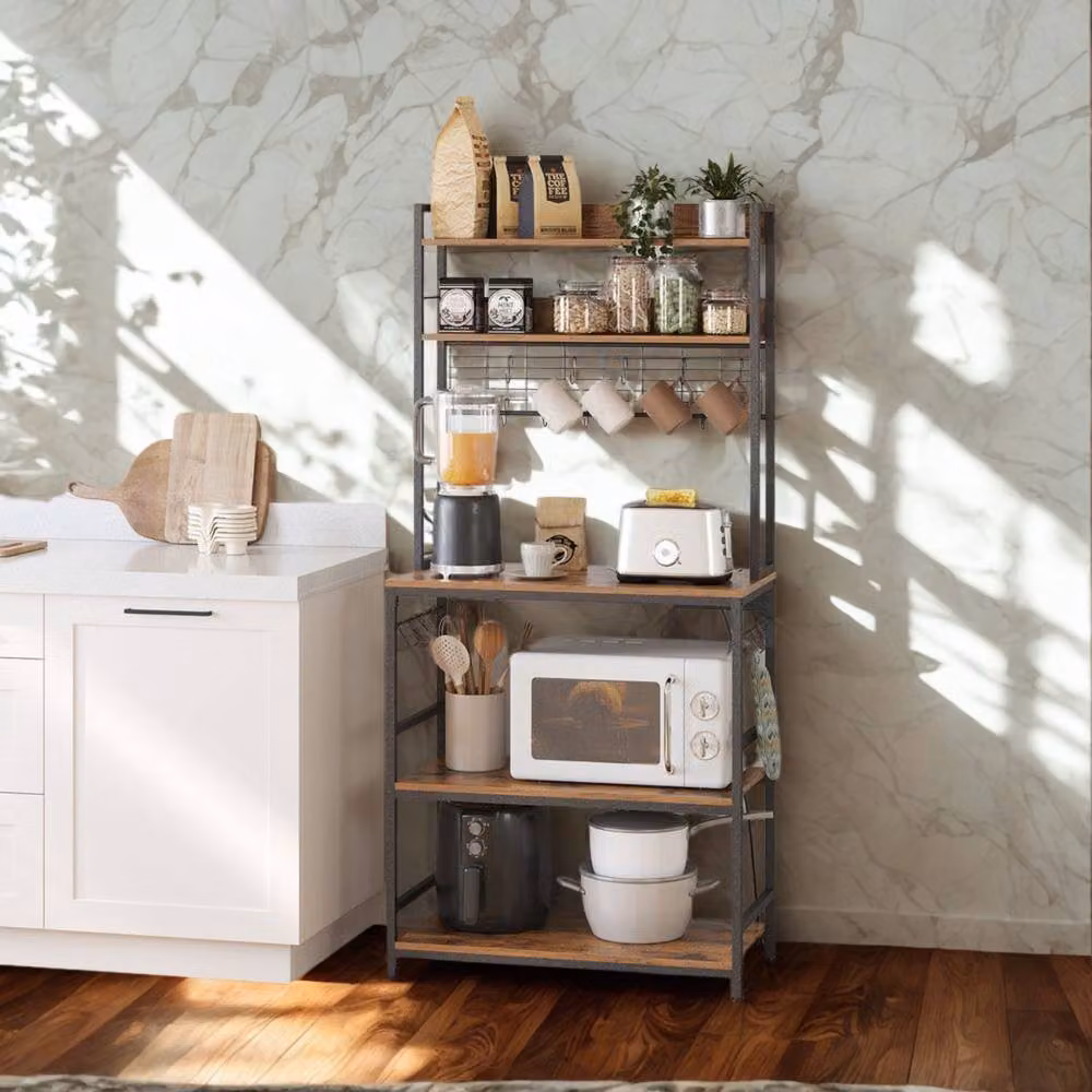 Pirlo Plush Industrial 5 Tier Smart Kitchen Bakers Rack with Power Outlets in Brown and Black – 3
