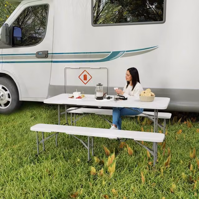 OUTSUNNY 3 Piece Folding Picnic Table and Bench Set in White