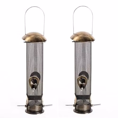Happy Beaks Supreme Bird Feeder Collection, Antique Brass Zinc Alloy Metal Hanging Garden Feeders for Seed, Peanut and Mealworms, Set of 3 – 1
