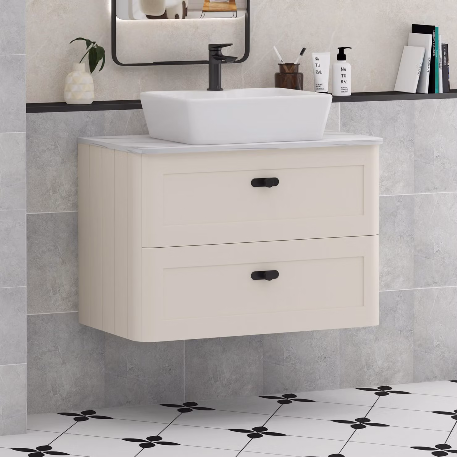 Royal Bathrooms Henley 800mm Wall Hung Vanity Unit in Mushroom Cashmere with 2 Drawers, Cube Basin and Matt Black Knob