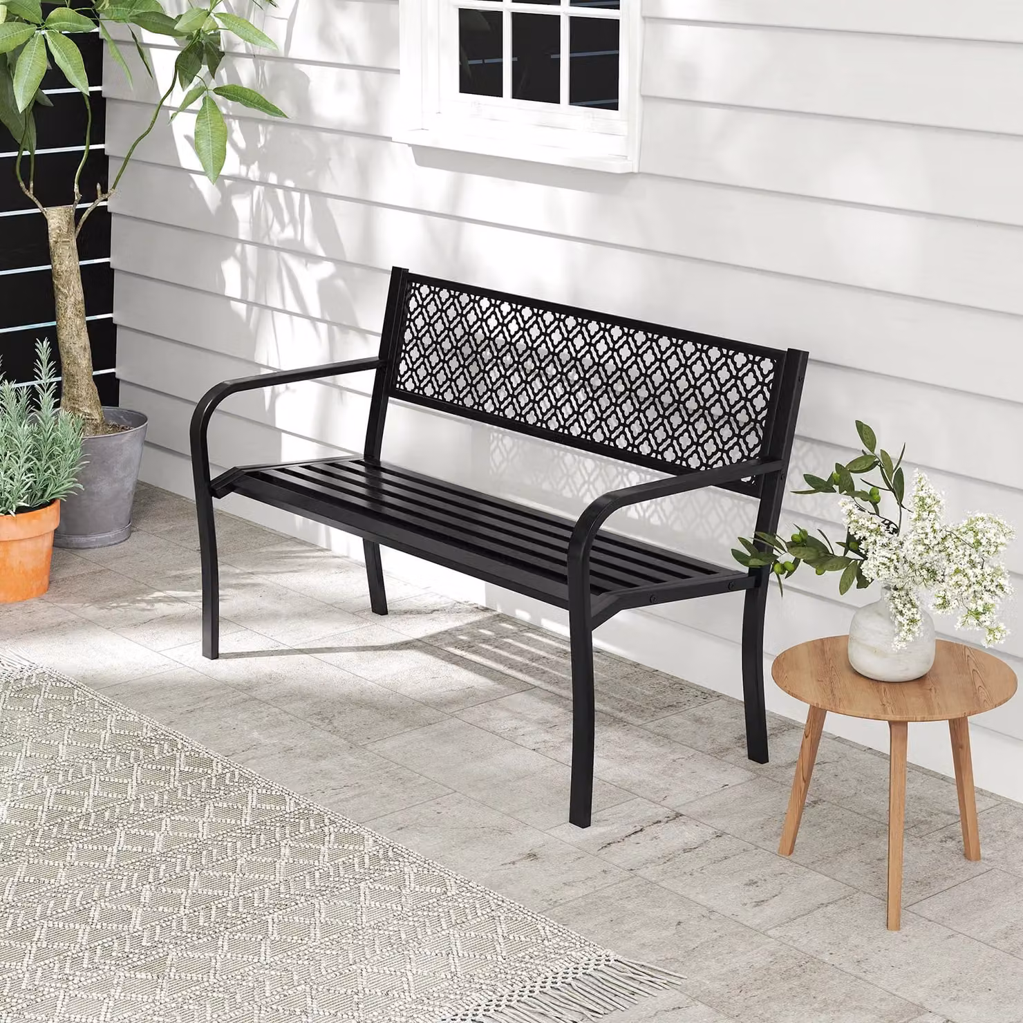 Costway 50 Inch Modern Geometric Metal Outdoor Garden Bench in Matt Black – 9
