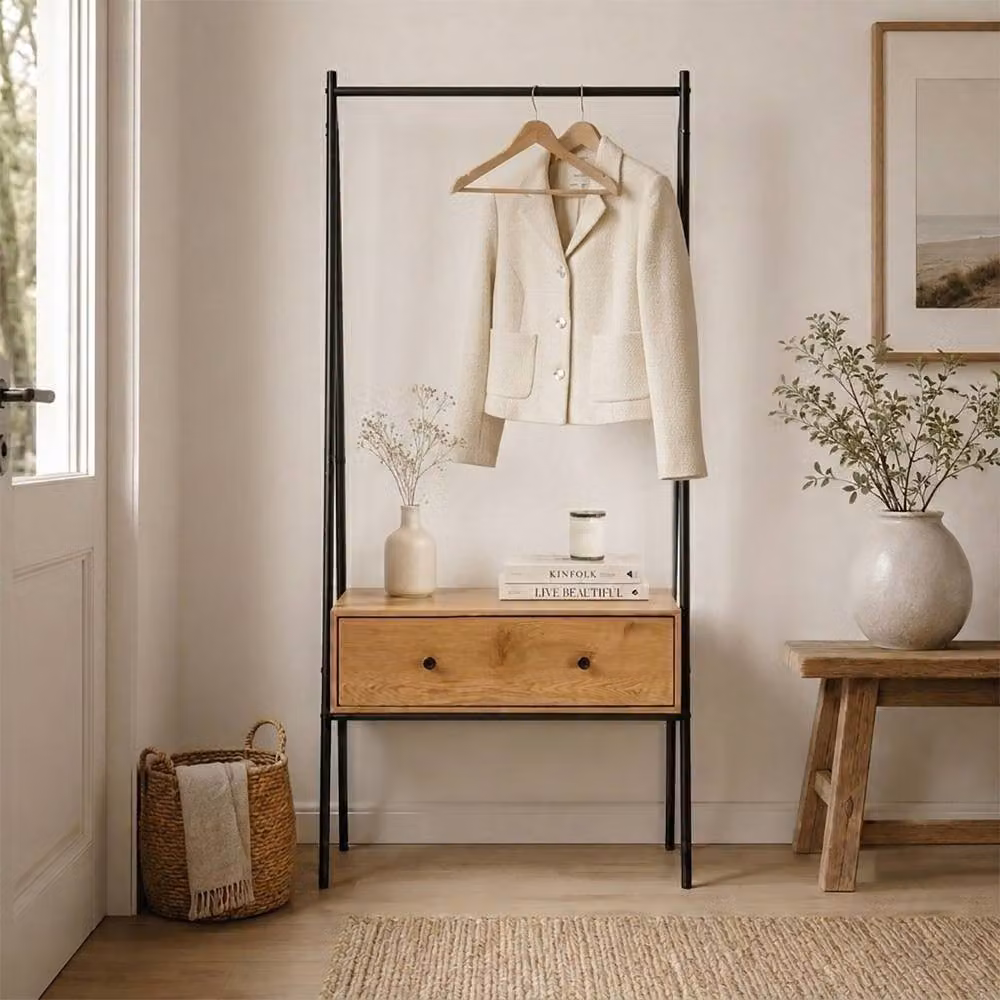 CALICOSY Jill Industrial Black Metal and Oak Finish Wardrobe with 1 Drawer, H 170 x W 84 x D 39 cm – 2