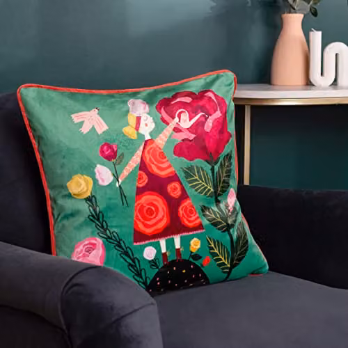 Riva Home Floral Velvet Square Cushion in Pink, Green and Multicolour, W/D/H: 43 x 43 x 43 cm – 3