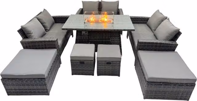 Fimous 10-Seat Rattan Garden Furniture Set with Gas Firepit Table and 4 Footstools in Dark Grey Mixed Rattan and Fabric