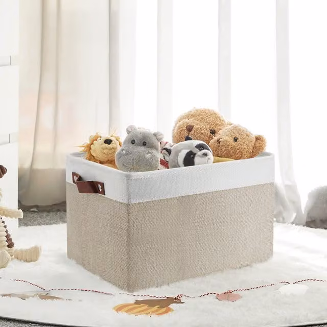 Livingandhome Fabric Storage Basket Organizer for Toys and Cosmetics with Handles, Beige and White
