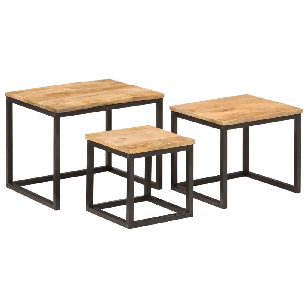 Berkfield Home Nesting Coffee Tables, 3 Piece Set in Brown Mango Wood and Iron – 2