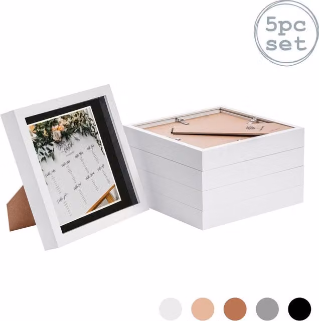 Nicola Spring Pack of 5 Square 3D Box Photo Frames in White and Black, W/H: 20.32 x 20.32 cm with 15.24 x 15.24 cm Mount
