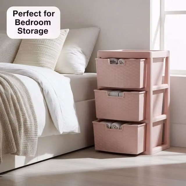 SPETLEK Large Pink Rattan Effect 3 Tier Plastic Drawer Unit