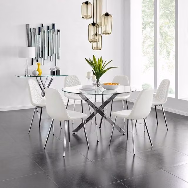 FurnitureboxUK Novara Round Glass Dining Table with 6 Corona Silver Chairs in White