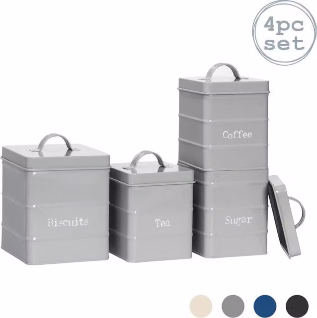 Harbour Housewares 4 Piece Vintage Metal Kitchen Canister Set in Grey