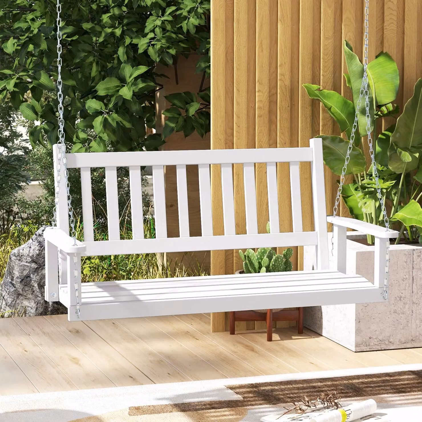 Costway 2-Person Wooden Garden Swing Bench with Slatted Back and Armrests in White – 2
