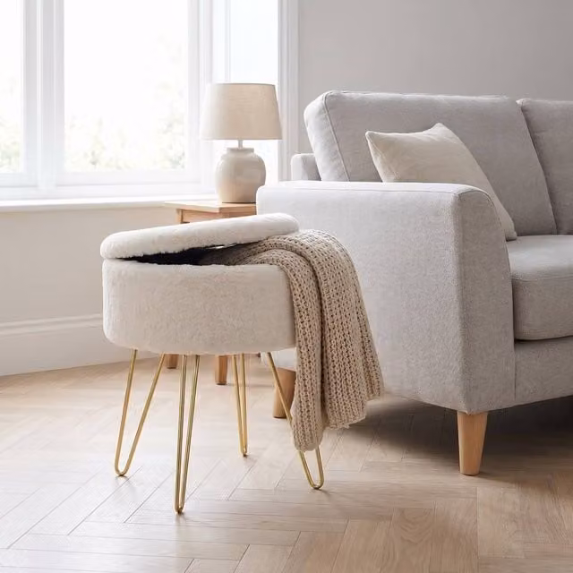 GAVENO CAVAILIA Ikat Faux Fur Storage Hairpin Stool in Beige and Multicolour – 1
