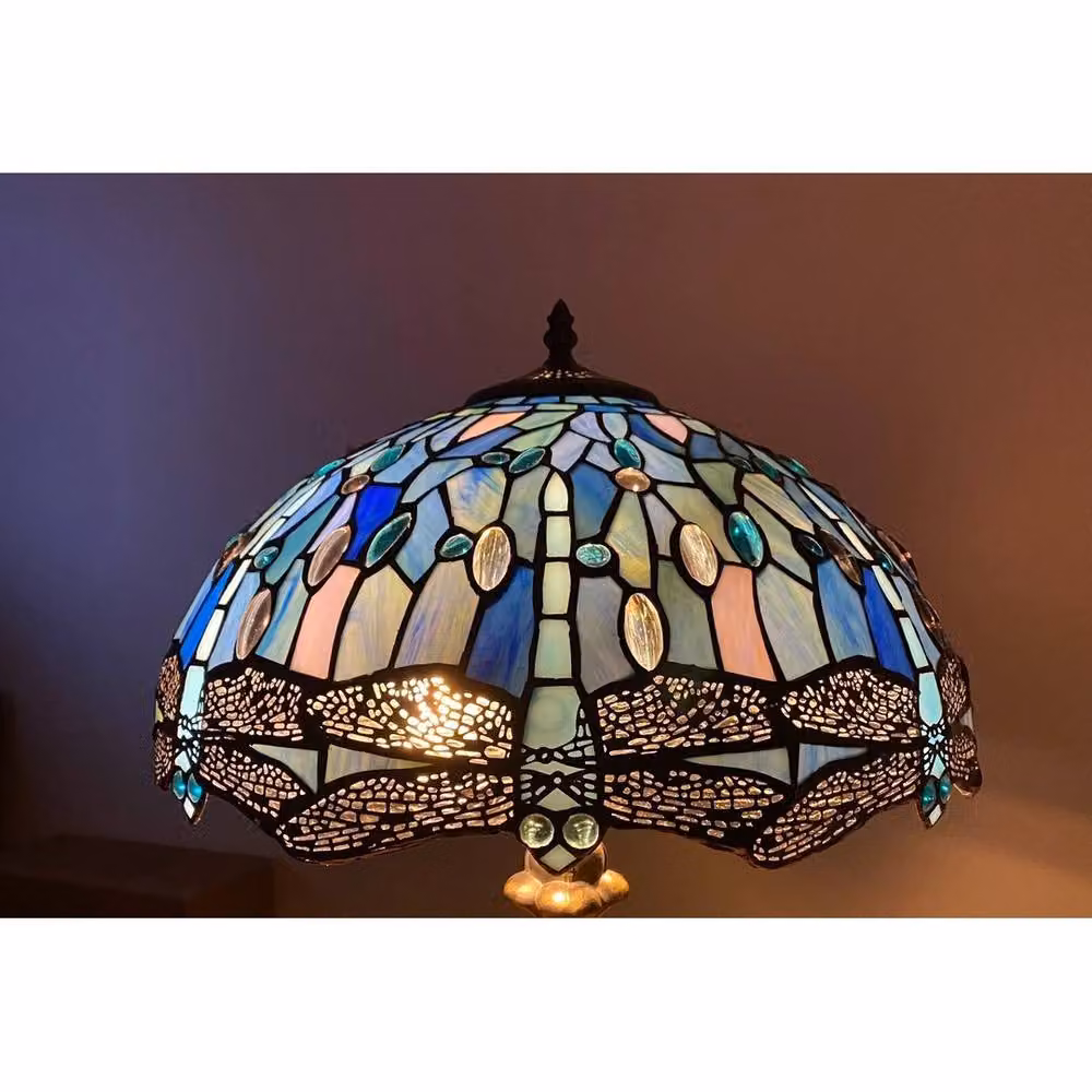 NESTLUNE Tiffany Style Dragonfly Ceiling Lamp in Blue and Multicolour Glass and Metal – 3