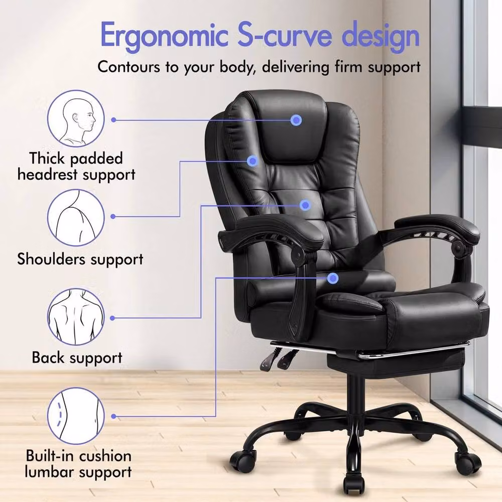 FORGEVIO Black Synthetic Leather Executive Massage Office Chair with Swivel and Armrests – 4