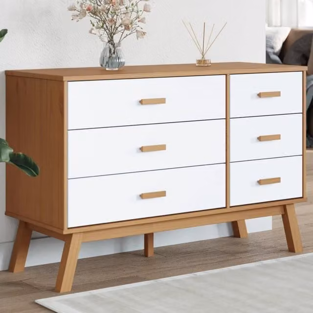 Berkfield Home OLDEN Freestanding Drawer Cabinet in White and Brown Solid Pine Wood – 1