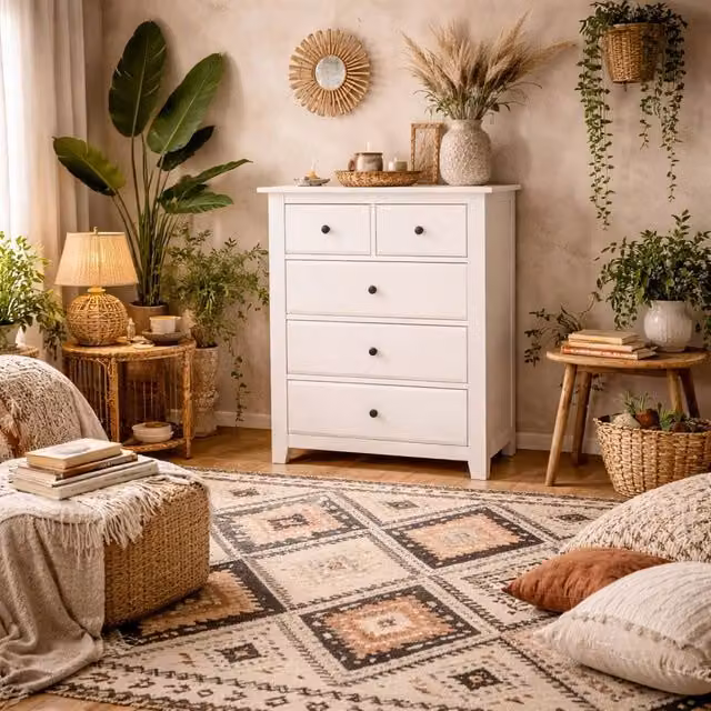 Wyld Haus Tralee White Washed Solid Pine 3+2 Drawer Chest W/D/H: 120 x 39 x 90 cm – 1