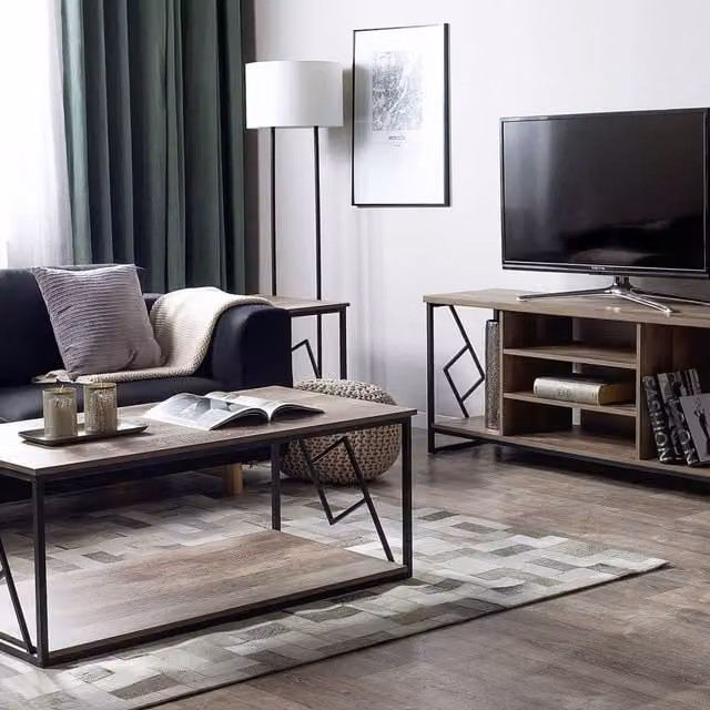 Wyld and Coco Industrial TV Stand in Dark Brown with Open Shelves and Metal Frame – 1