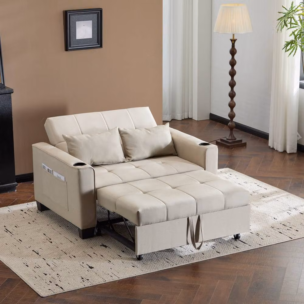 Tokpiedi 2 Seater Convertible Pull Out Sofa Bed with Cup Holders in Beige – 2