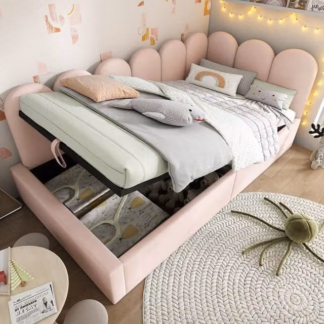 ModernLuxe Pink Velvet Upholstered Single Daybed with Hydraulic Storage and Sofa Function, W/D/H: 90 x 190 x 76 cm