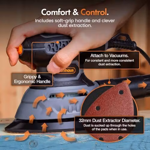 VonHaus 140W Detail Palm Sander in Grey and Orange – 4