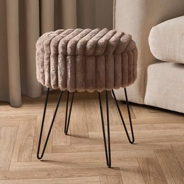 OHS Faux Fur Ribbed Hairpin Stool in Brown