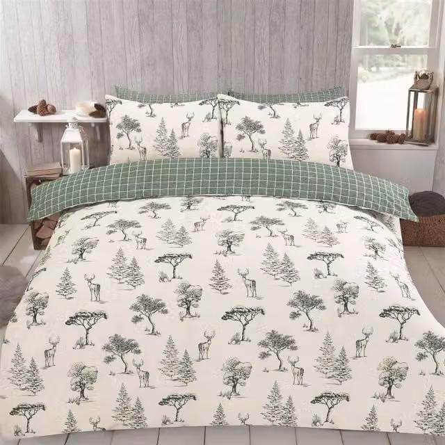 OHS Winter Stag Reversible Checked Duvet Cover Set in Green, W/D/H: 90 x 200 cm
