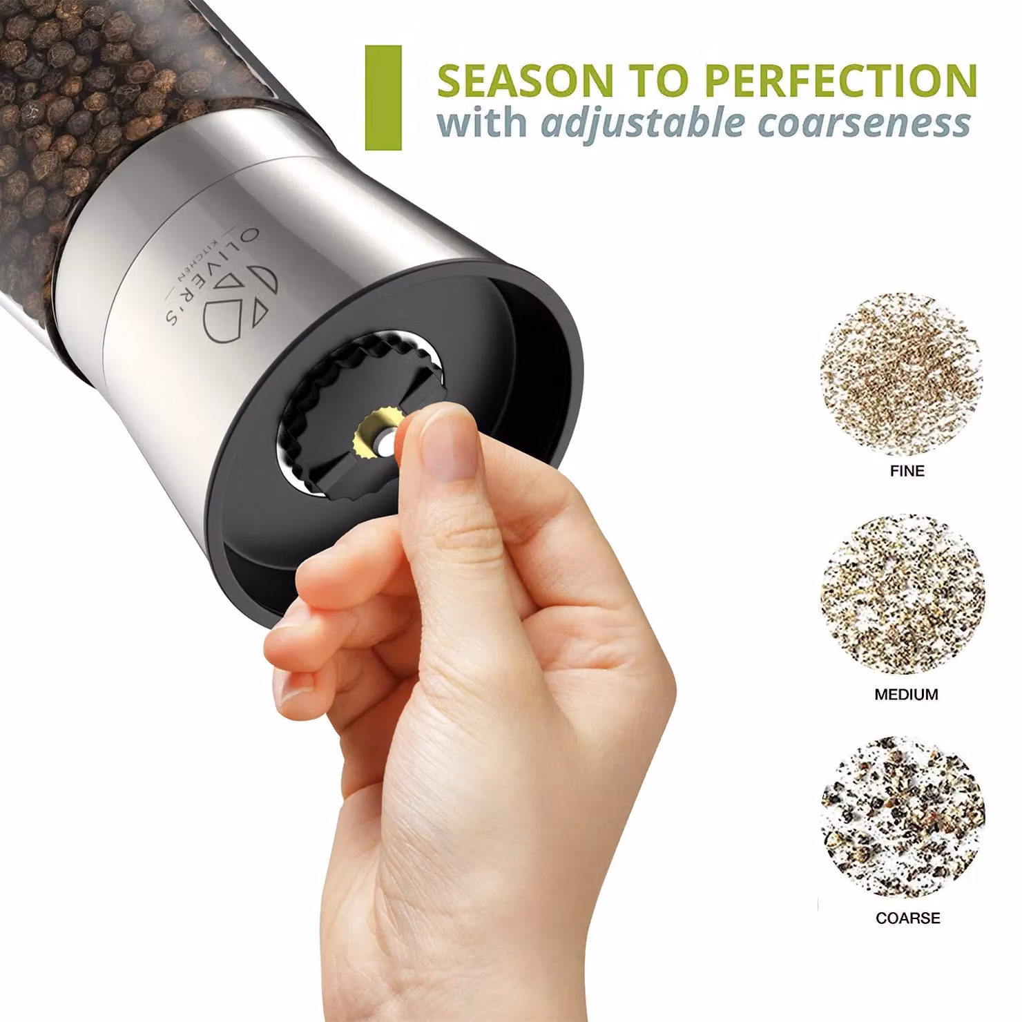 Oliver's Kitchen Salt and Pepper Grinder Set with Ceramic Mechanisms and Rotating Stand in Silver – 2
