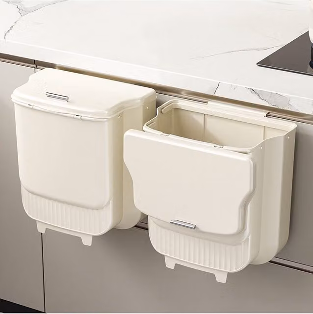 Living and Home Foldable Hanging Kitchen Trash Bin with Flip Lid, Beige Plastic
