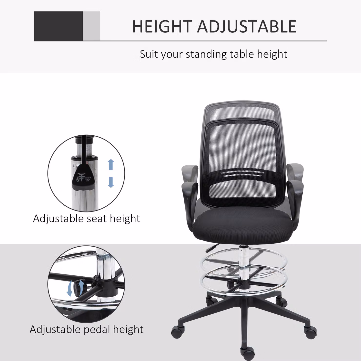 Vinsetto Ergonomic Mesh Back Drafting Chair in Black with Adjustable Height, Footrest and 360 Degree Swivel – 4
