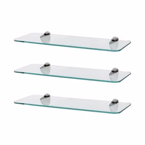 Harbour Housewares Set of 3 Rounded Floating Glass Bathroom Shelves in Silver and Transparent, Width: 40 cm