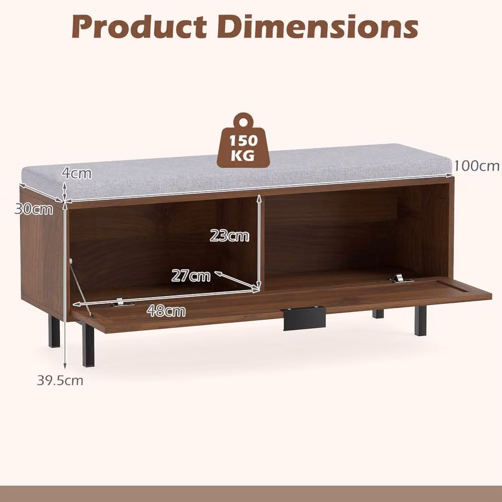Costway Brown Shoe Storage Bench with Padded Fabric Cushion and Hidden Shoe Cabinet – 2