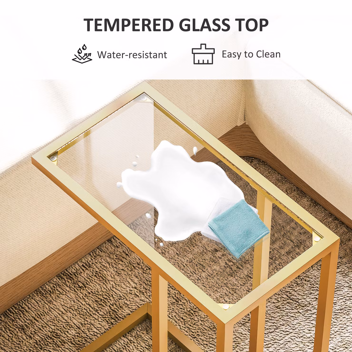 HOMCOM C-Shaped Modern Bedside Table with Tempered Glass Top and Steel Frame in Gold Tone – 5