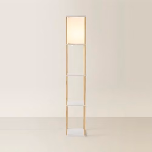 ValueLights Struttura Wooden Floor Lamp with Fabric Shade and LED Bulb in Light Oak