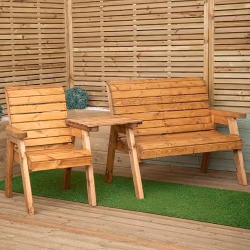 Samuel Alexander 3 Seater Chunky Rustic Wooden Garden Furniture Companion Set with Straight Tray in Brown – 1