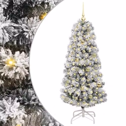 vidaXL Artificial Hinged Christmas Tree in Green, White and Gold, Height: 150 cm – 1
