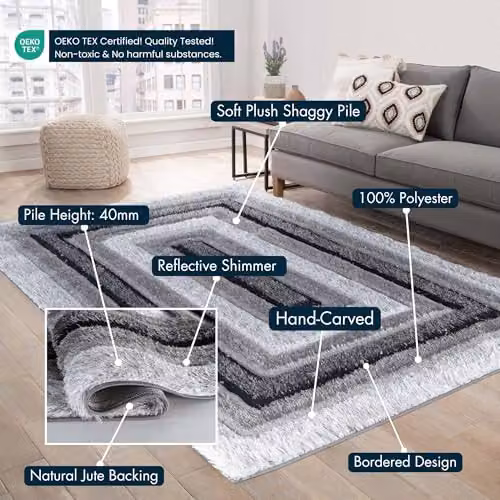 Desire Rugs Modern Soft Bordered Shimmer Shaggy Grey Area Rug, W: 120 cm, D: 170 cm – 5
