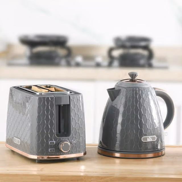 HOMCOM Kettle and Toaster Set in Grey with 1.7L Fast Boil Kettle