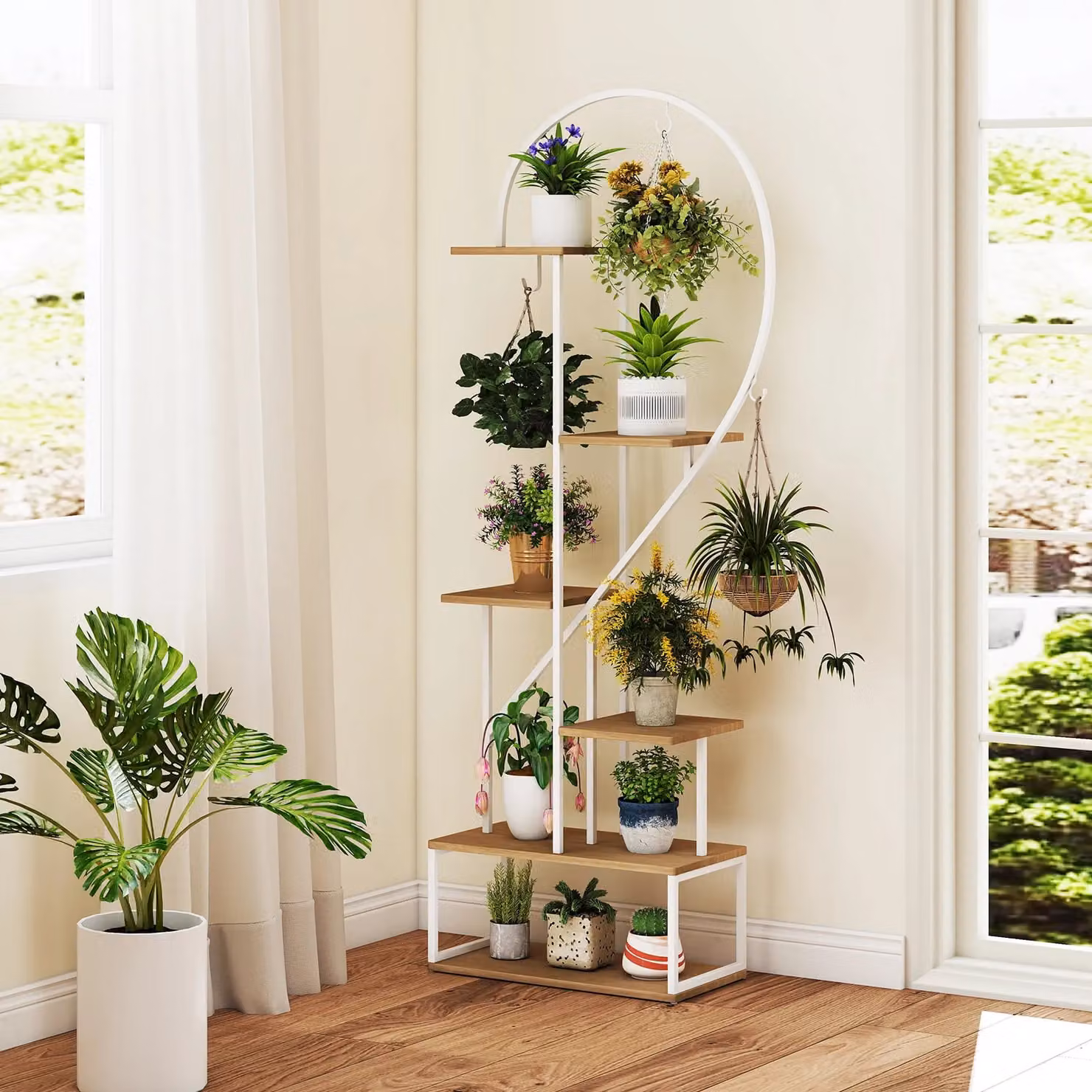 Gymax 2 Pack 6-Tier Metal and Wood Heart-Shape Ladder Plant Shelves in Beige – 2